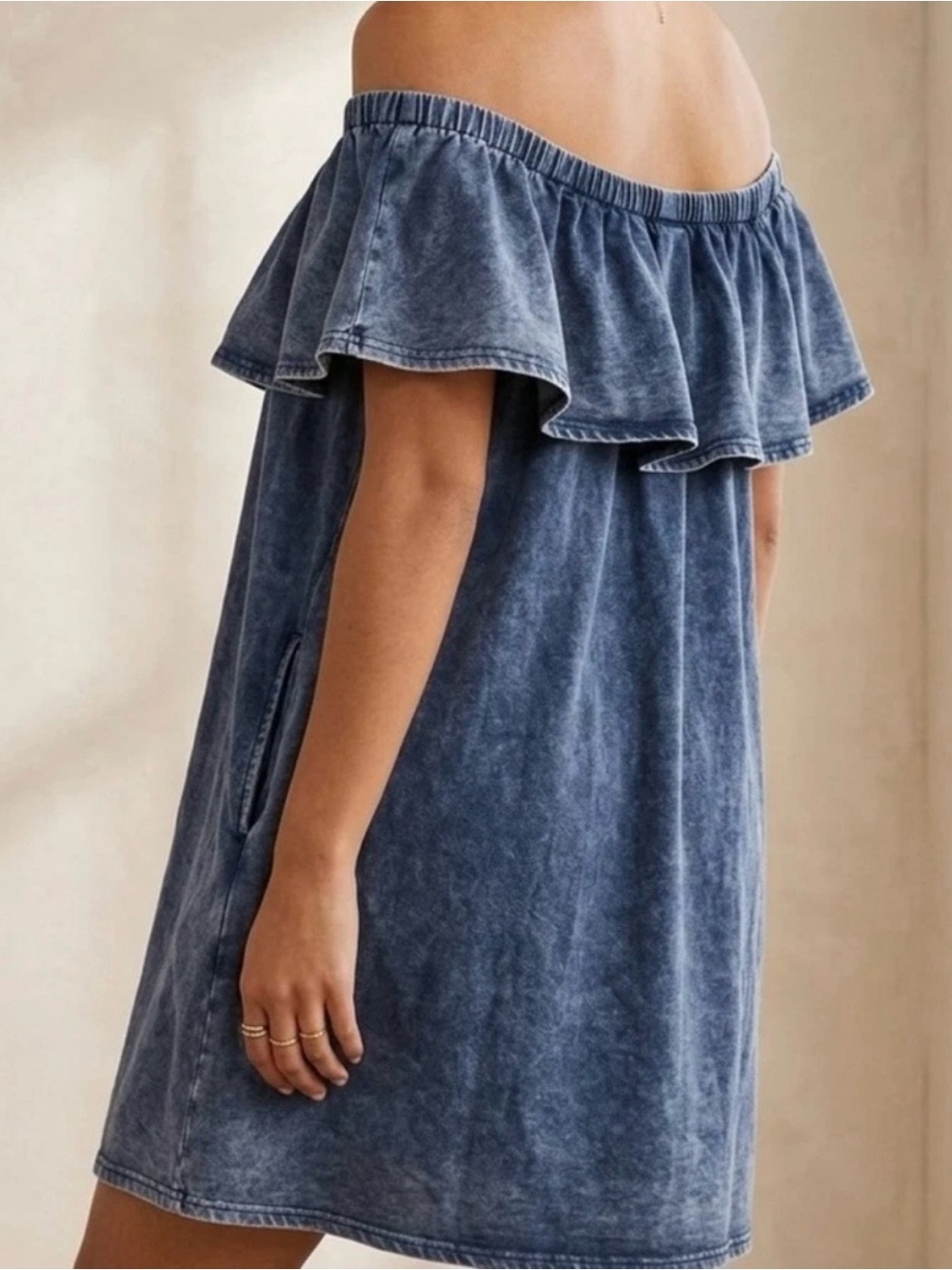 Umgee Washed Denim Blue One-Shoulder Ruffle Mini Dress